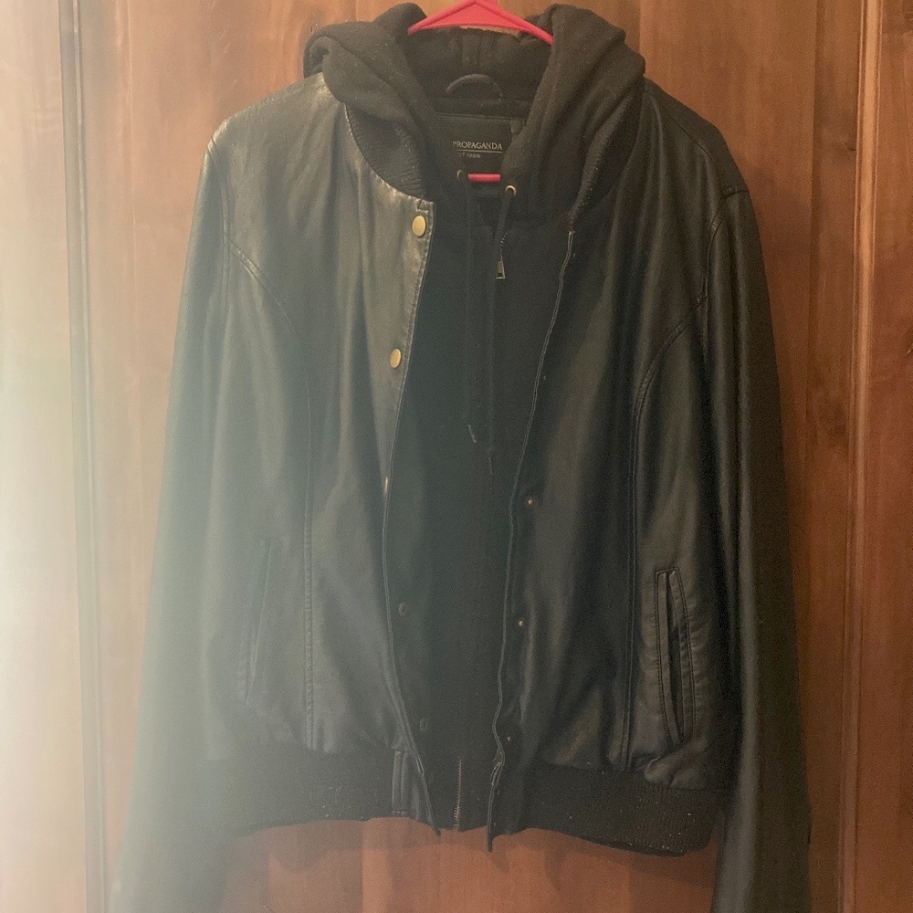 Women’s OBEY size XL black on black leather bomber hoodie jacket